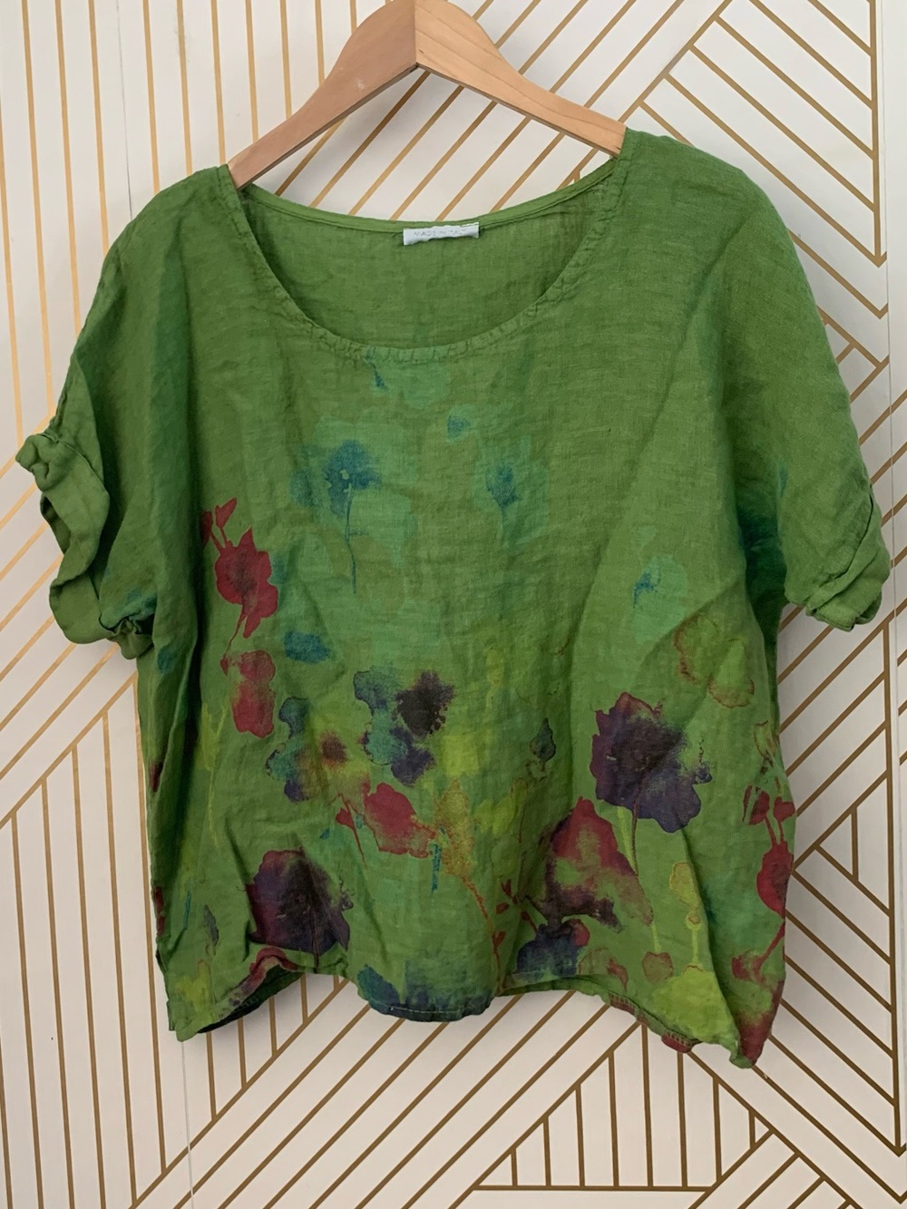 Made in Italy 100% Linen floral Green Tunic Oversized Boxy Top Lagenlook boho